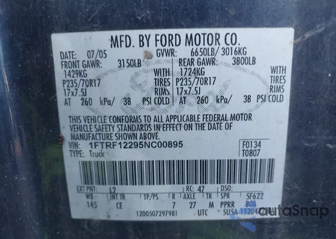 2005 Ford F-150 Stx/Xl/Xlt z USA, uszkodzony, nr VIN 1FTRF12295NC00895